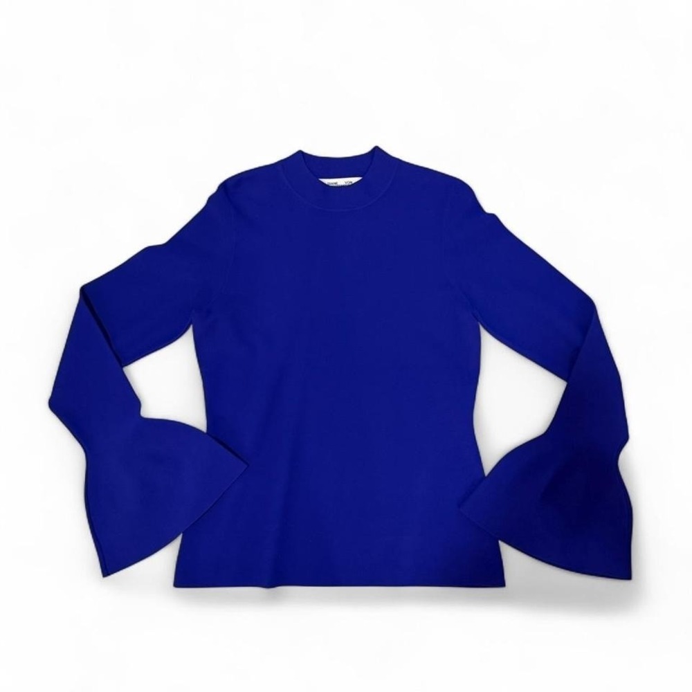 Diane von Furstenberg Bell Sleeve Top Royal Blue Large Mock Neck Work Office
